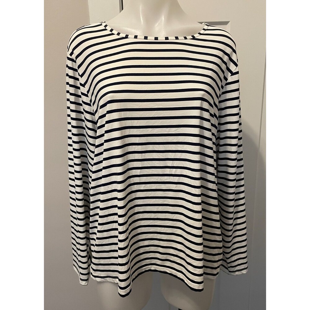 LANDS END Women Swim Shirt RASH GUARD Long Sleeve BLUE White STRIPE  2X 20W-22W